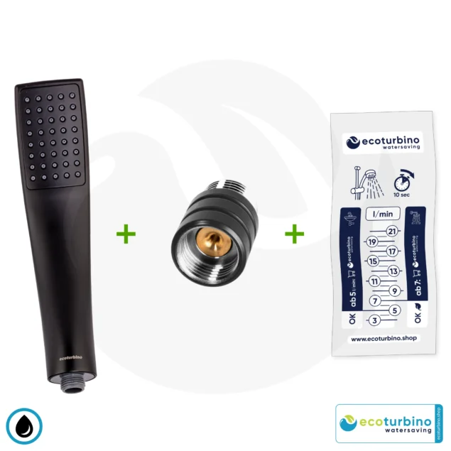 Handdusche UPGRADE DELUXE SET 10 Legio, schwarz | ET10L Wasserspar Adapter + Design Duschkopf - Handbrause | ecoturbino®