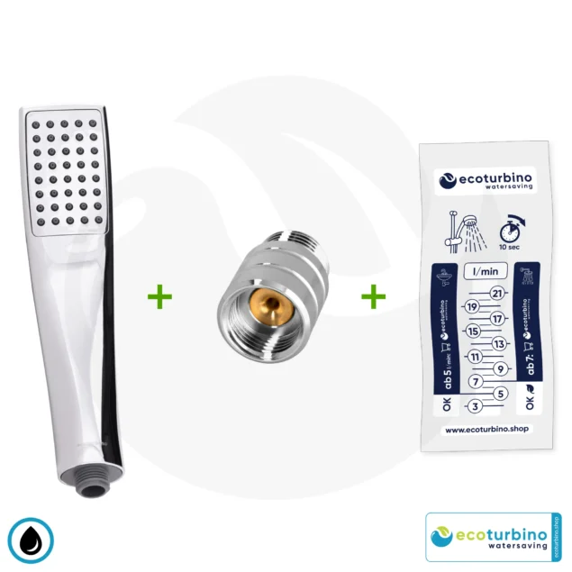 Handdusche UPGRADE DELUXE SET 10 Legio, silber | ET10L Wasserspar Adapter + Design Duschkopf - Handbrause | ecoturbino®